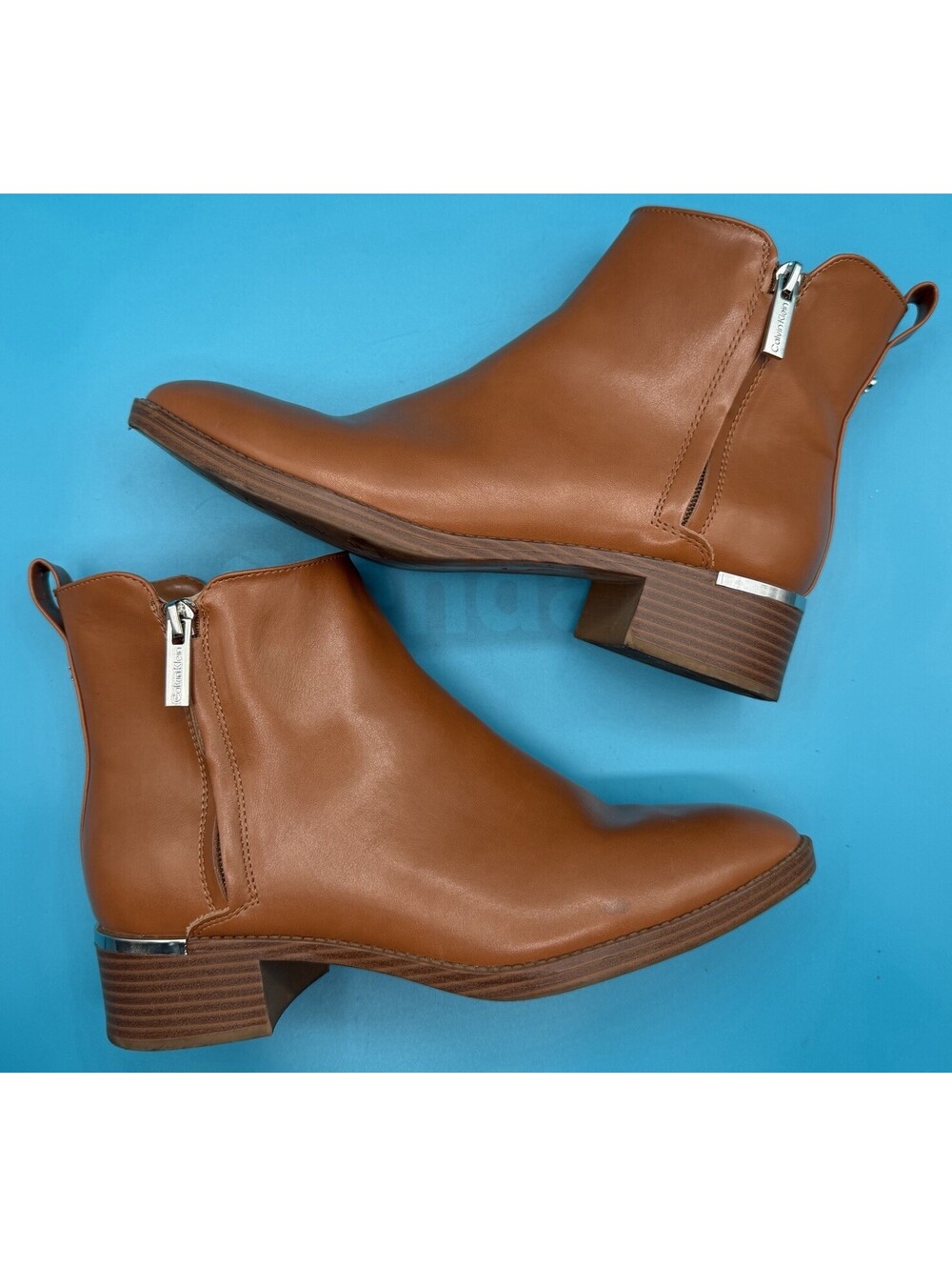 Calvin Klein Deniece Brown Booties Block Heel Ankle Boots Side Zip EUC 8.5